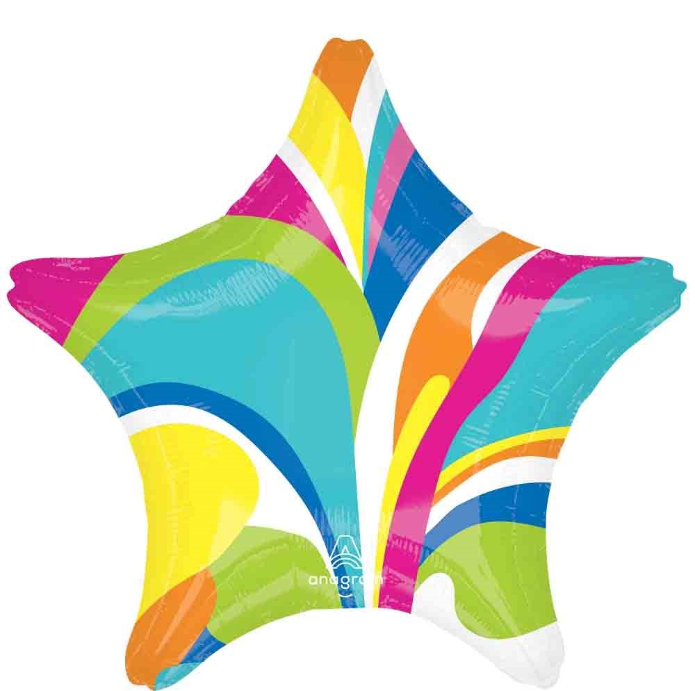 Star-shaped foil balloon with vibrant multicolor swirl pattern in pink, blue, yellow, orange, green, and white.