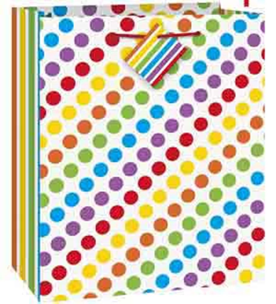 Medium gift bag with diagonal rainbow-colored polka dots on white background and rainbow striped sides, featuring matching.