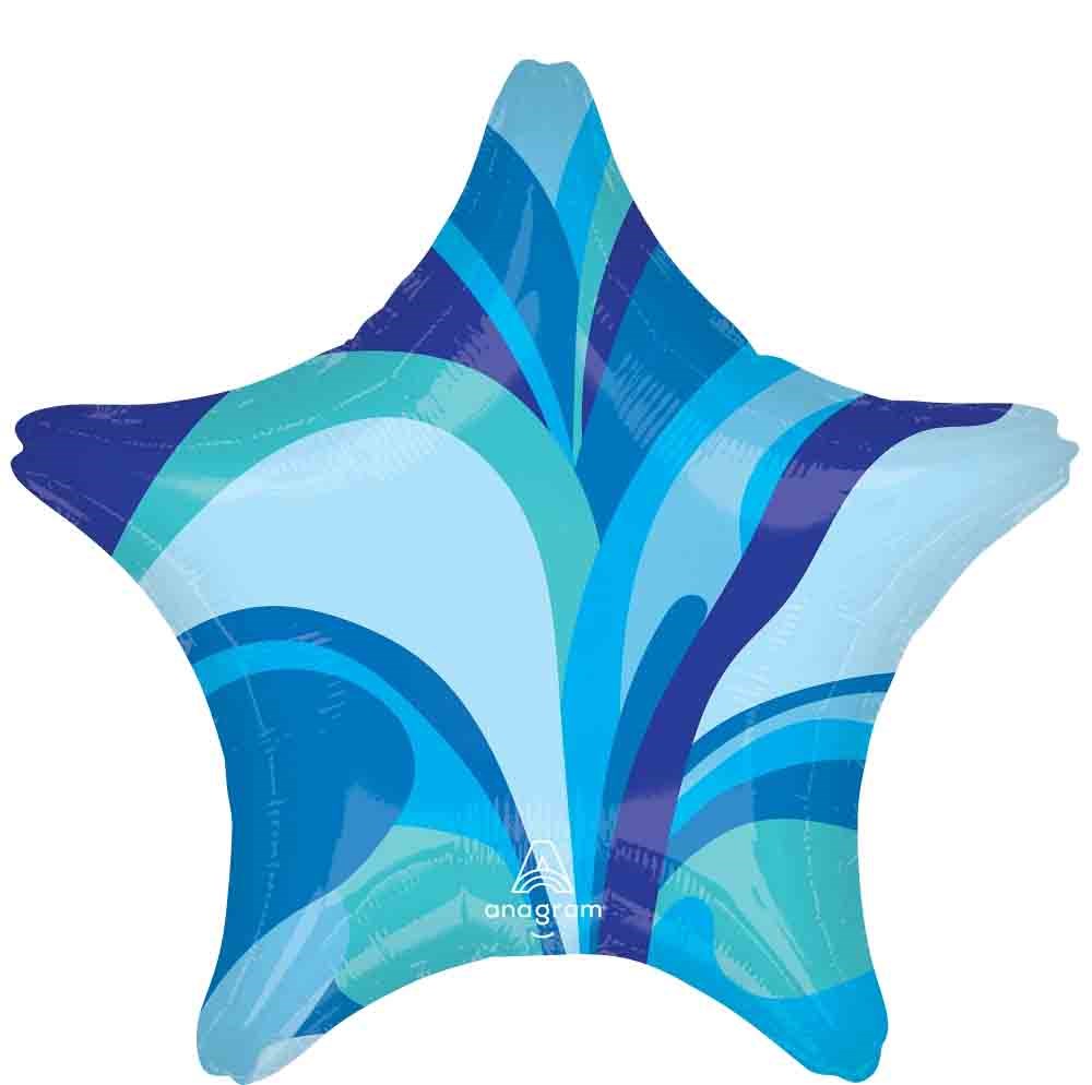 17-inch star-shaped foil balloon with vibrant blue swirled pattern in various shades.