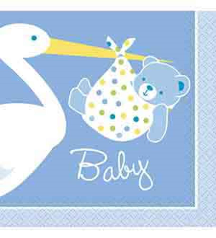 Blue square napkin with white stork carrying polka dot bundle and blue teddy bear labeled Baby.
