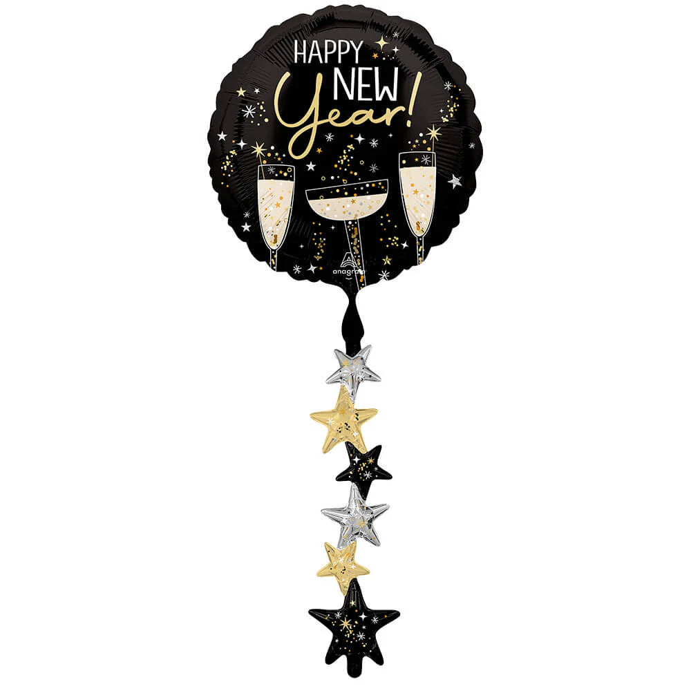 Black round foil balloon with gold and white champagne glasses and "Happy New Year!" text, star garland tail.