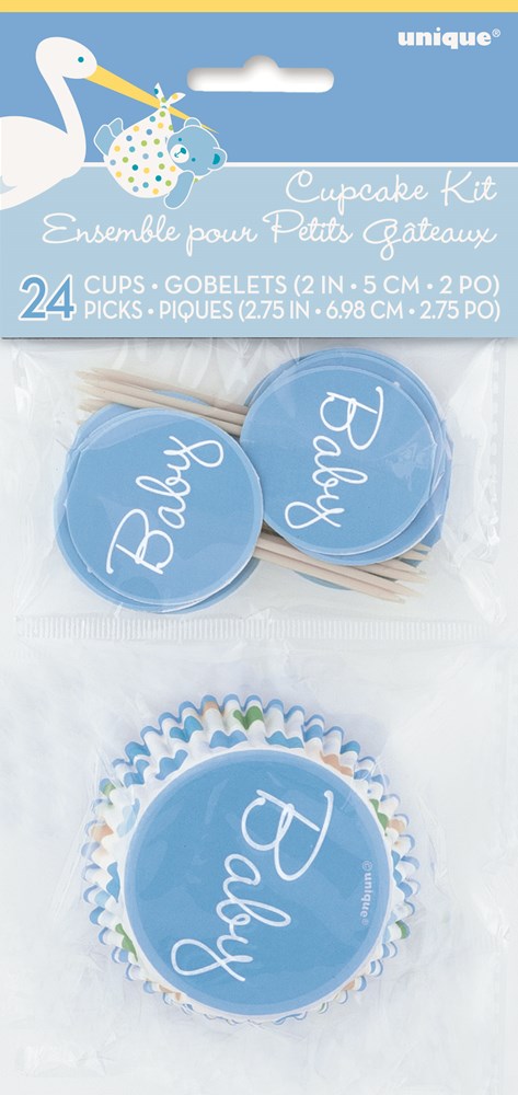 Blue cupcake liners with white "Baby" text and stork illustrations, 24-count birthday boy kit.