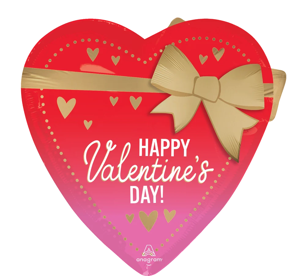 Red and pink heart-shaped foil balloon with gold bow and hearts, white "Happy Valentine's Day!" text.