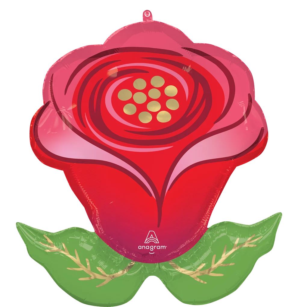 Red foil balloon shaped like a stylized flower with pink petals and green leaves at the base.