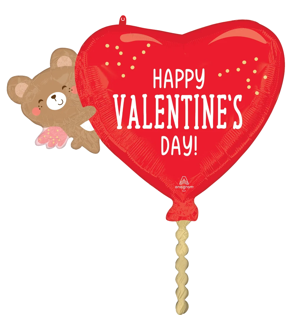 Red heart-shaped foil balloon with "Happy Valentine's Day!" text and a brown angel bear holding pink hearts.