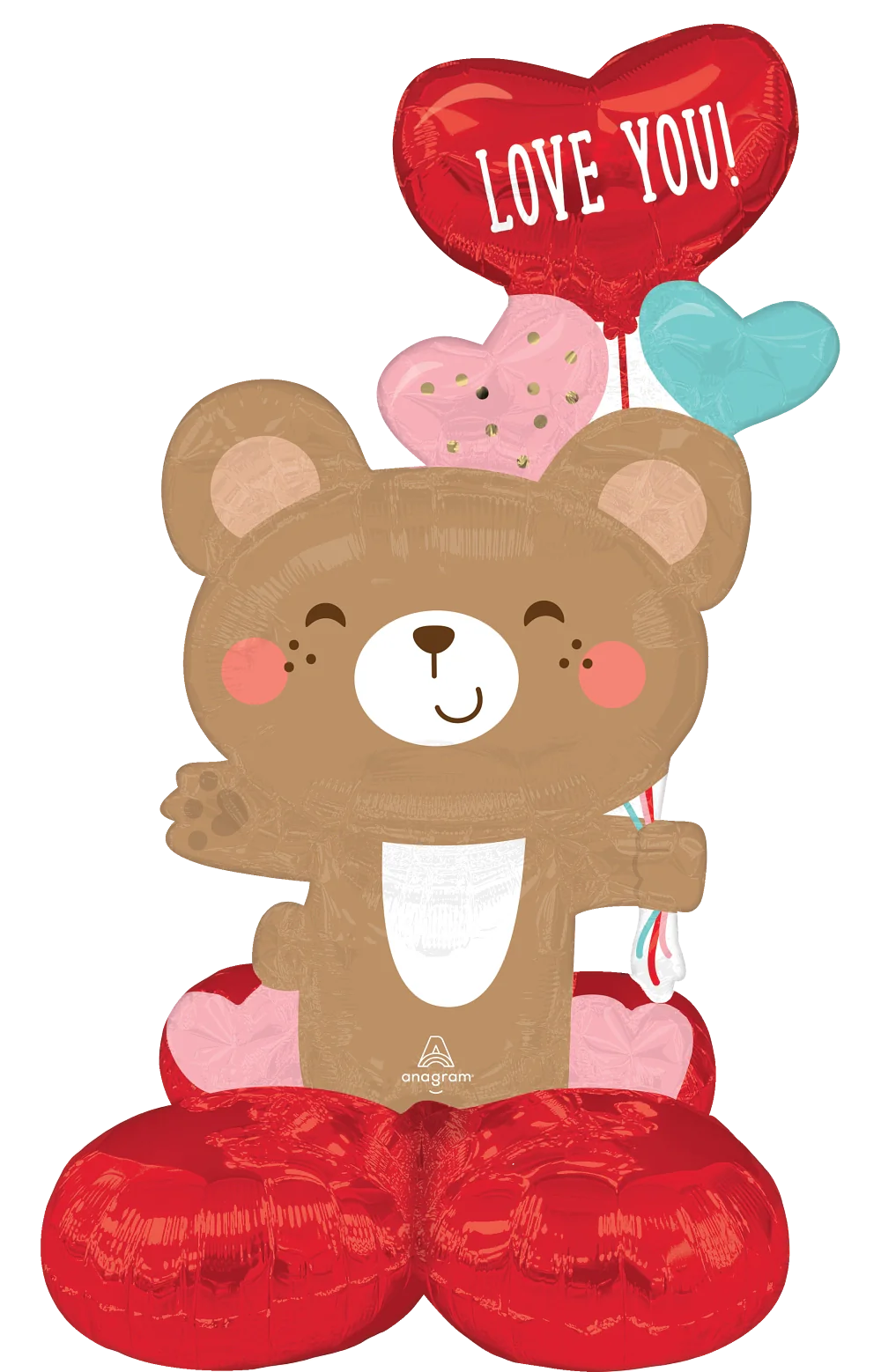 35-inch foil balloon shaped like a smiling brown bear holding red and pink heart balloons, with one red heart balloon.