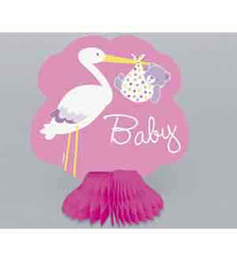 Pink honeycomb paper decoration with a white stork carrying a polka-dot bundle and "Baby" text.