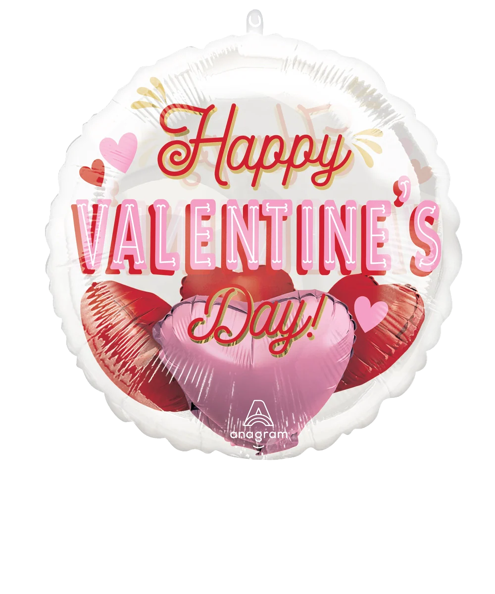 Round white foil balloon with red and pink hearts and "Happy Valentine's Day!" in retro red and pink script.