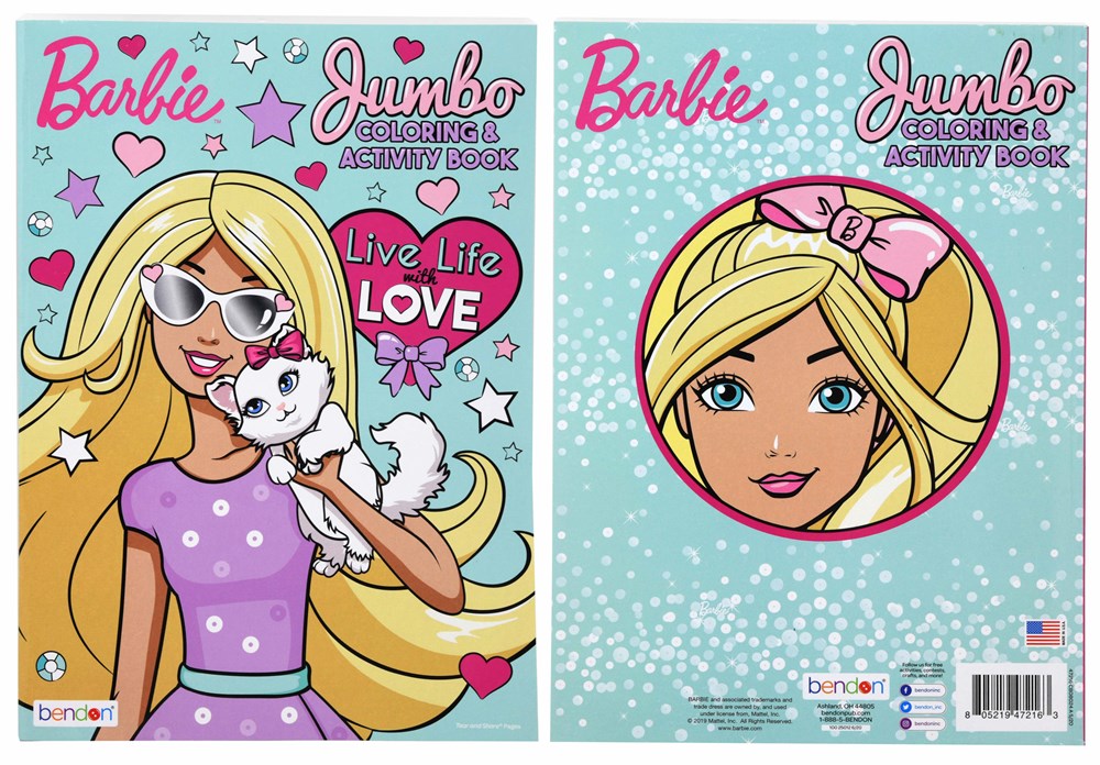 Barbie Jumbo activity and coloring book with pink lettering, Barbie illustrations, and pastel blue cover featuring stars and