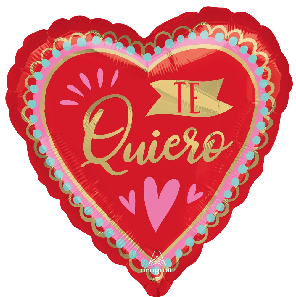 Red foil heart-shaped balloon with gold "Te Quiero" text, pink hearts, and decorative scalloped edges.
