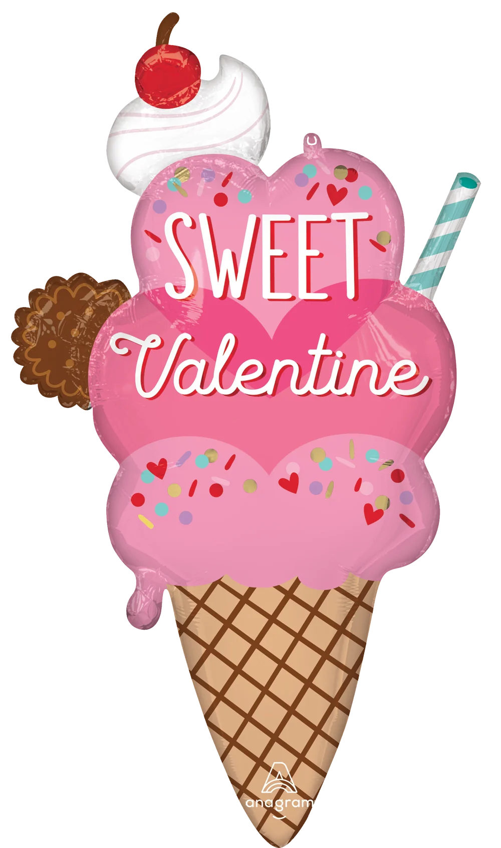 Pink ice cream cone shaped foil balloon with three scoops, "Sweet Valentine" text, colorful sprinkles, and a cherry on top.