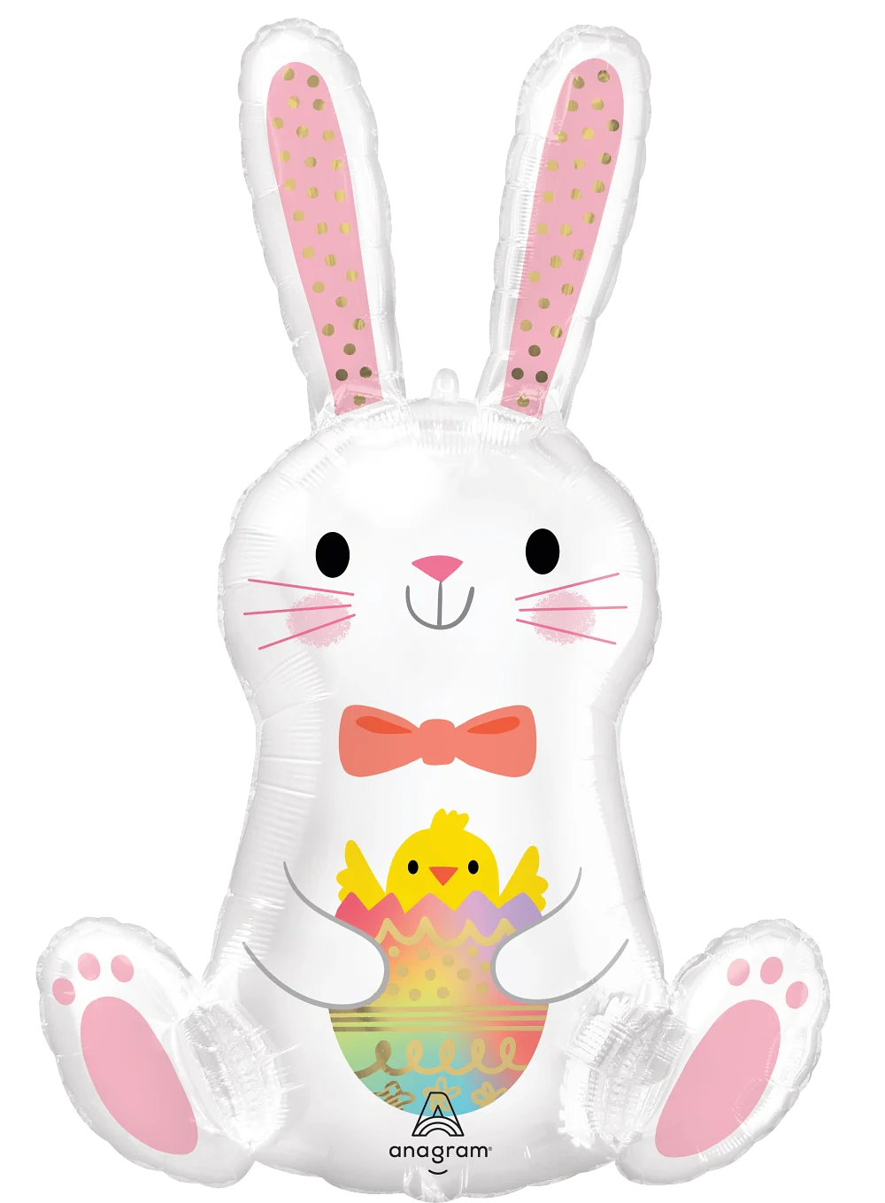 33-inch white foil bunny balloon with pink ears, bow tie, and holding a yellow chick in a decorated Easter egg.