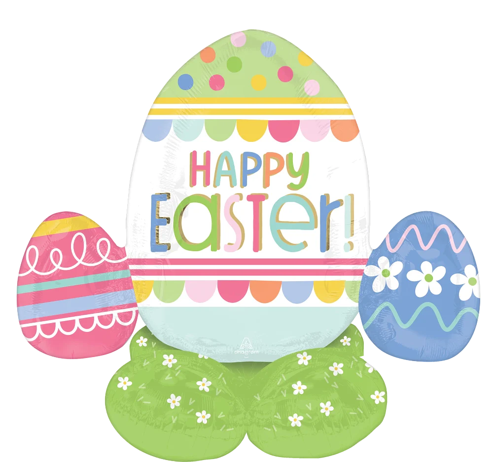 33-inch foil balloon set featuring three pastel Easter eggs with floral and striped patterns, large center egg says Happy.