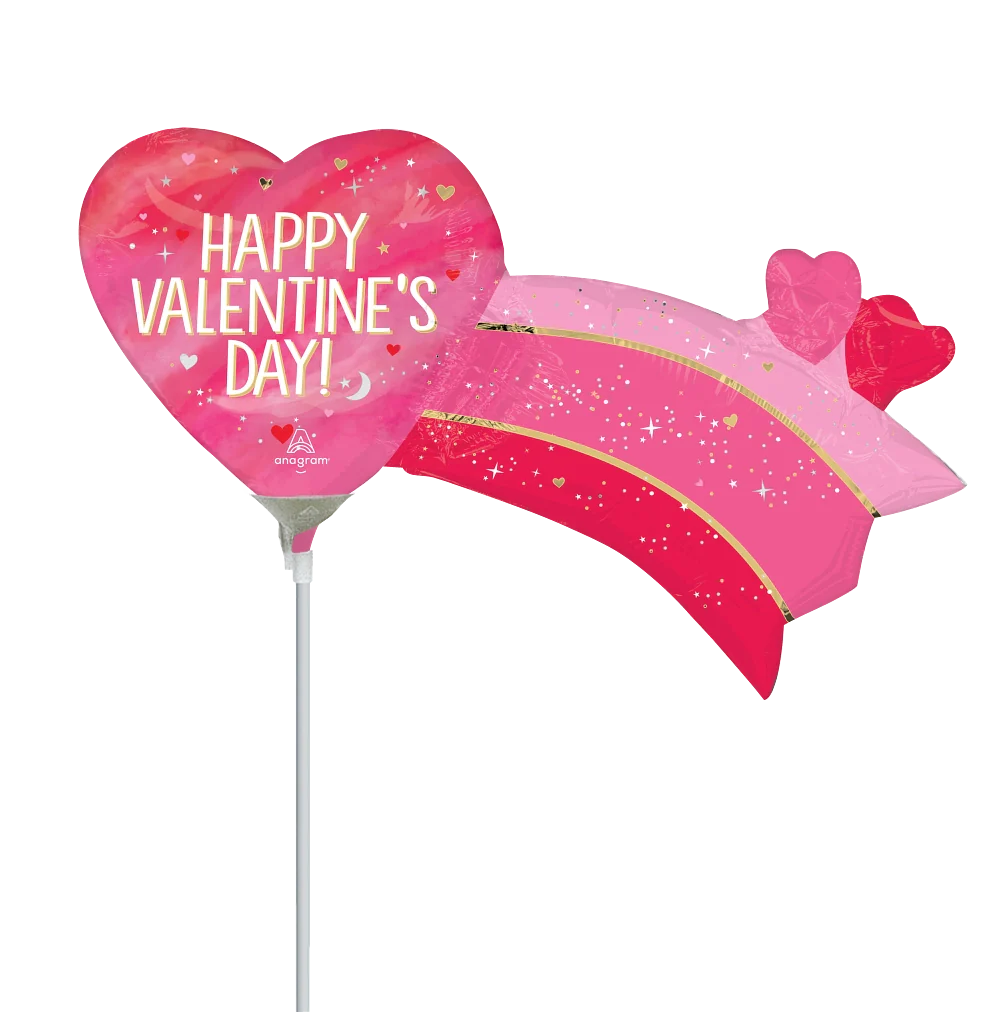 Heart-shaped foil balloon in red and pink with white "Happy Valentine's Day!" text and attached pink and red arrow design.
