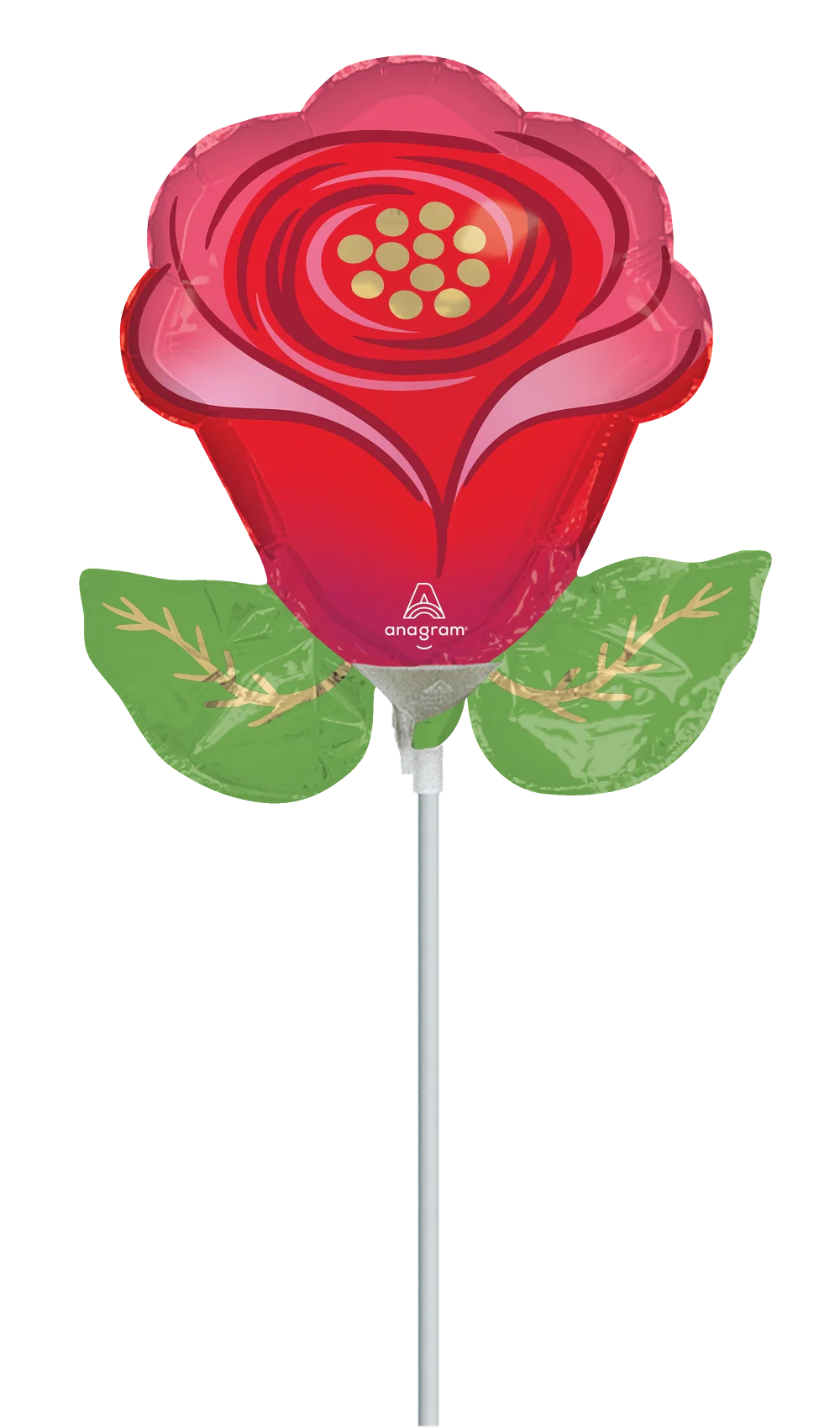 Red foil balloon shaped like a rose with yellow dots in the center and attached green foil leaves on a white stick.