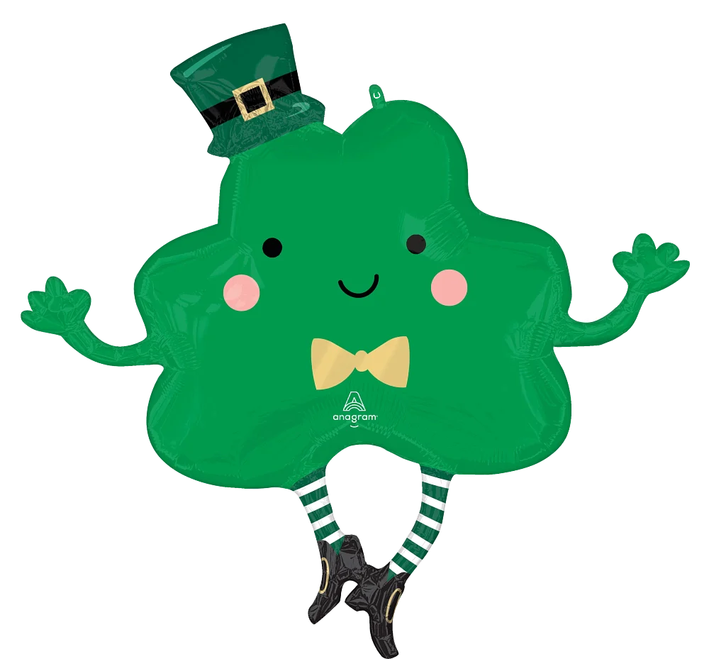 Green shamrock-shaped foil balloon with smiling face, top hat, bow tie, striped legs, and black shoes.