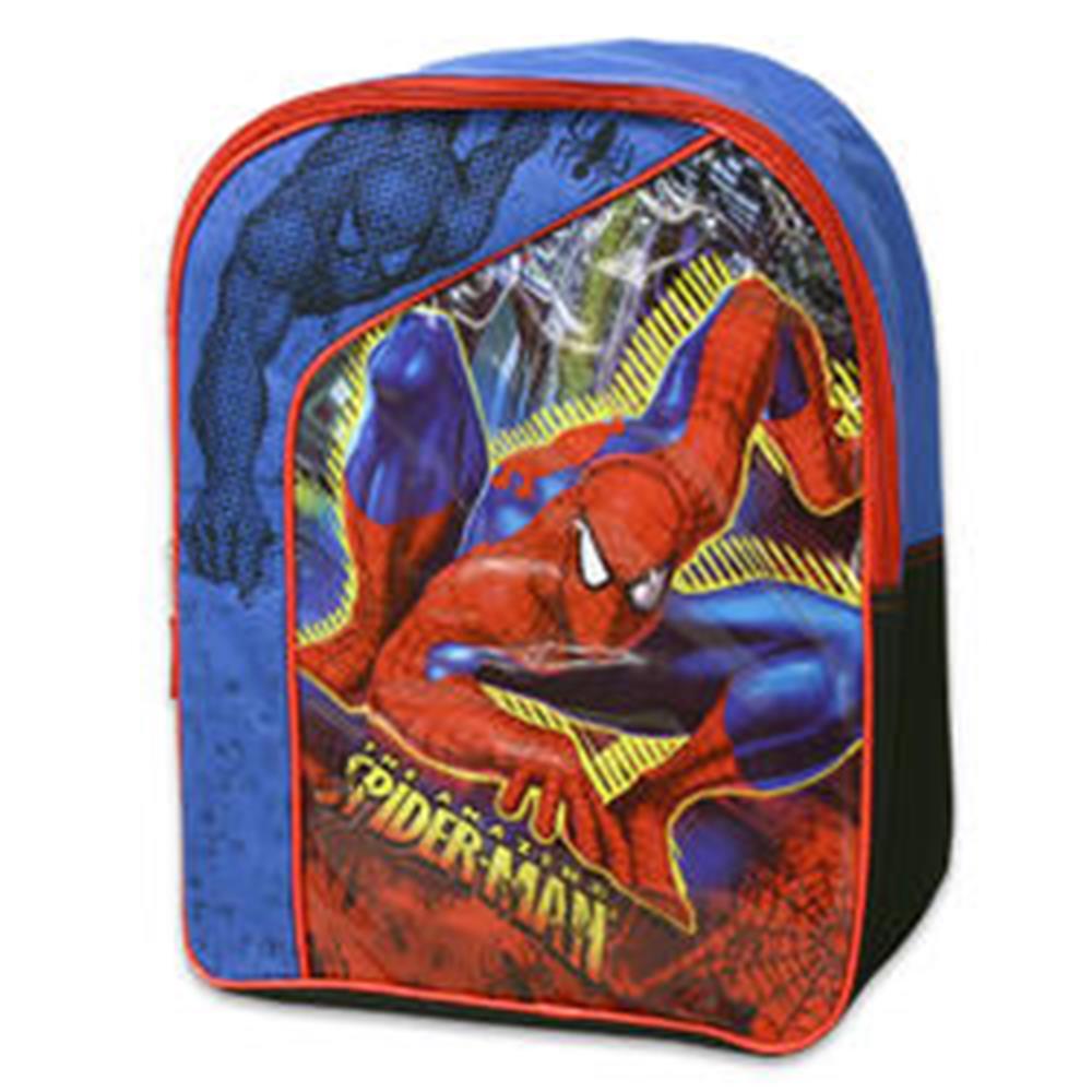 Blue and red Spiderman backpack with vibrant comic-style graphic and padded straps.