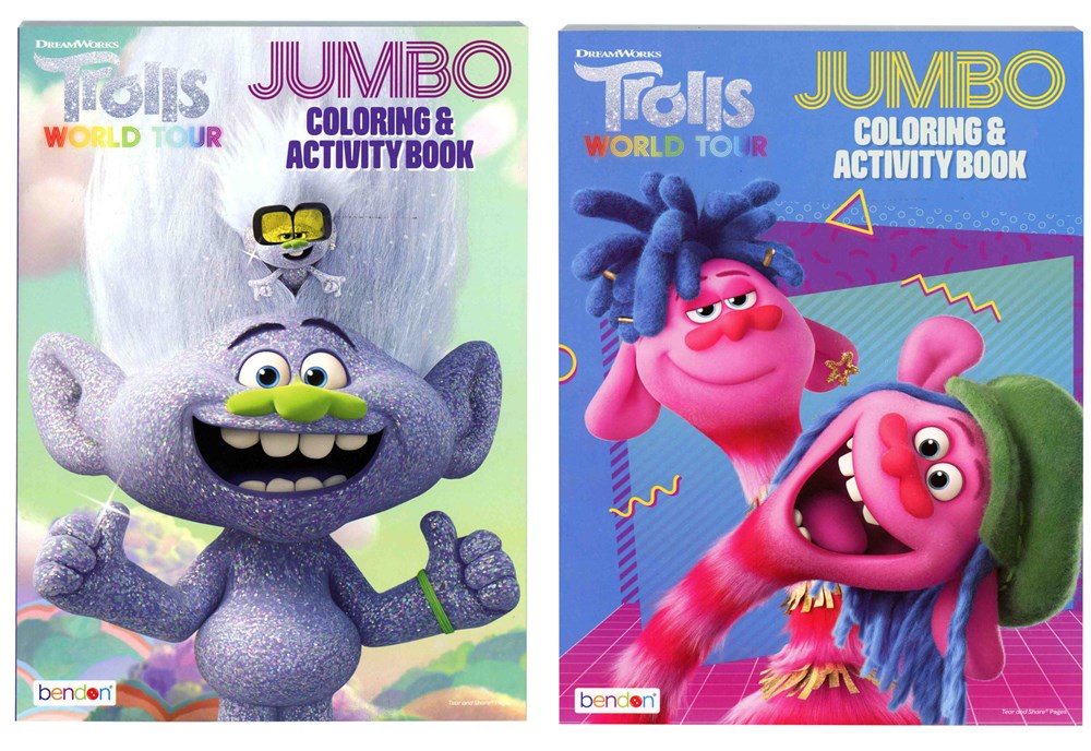 Two Trolls World Tour jumbo coloring and activity books, one with a purple character on a light background, the other with.