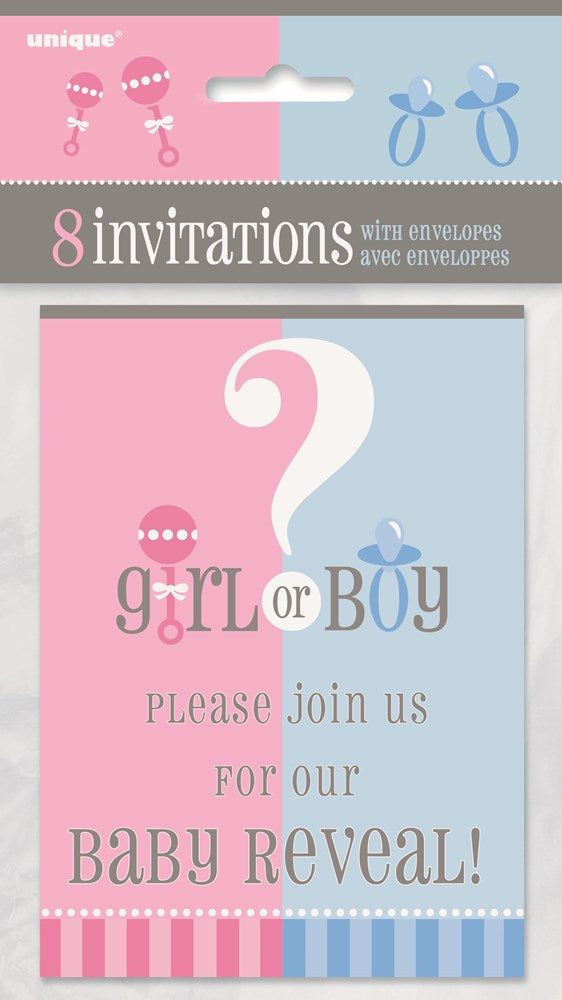 Gender reveal invitation set with pink and blue design, large question mark, playful fonts, and baby-themed icons on pastel.