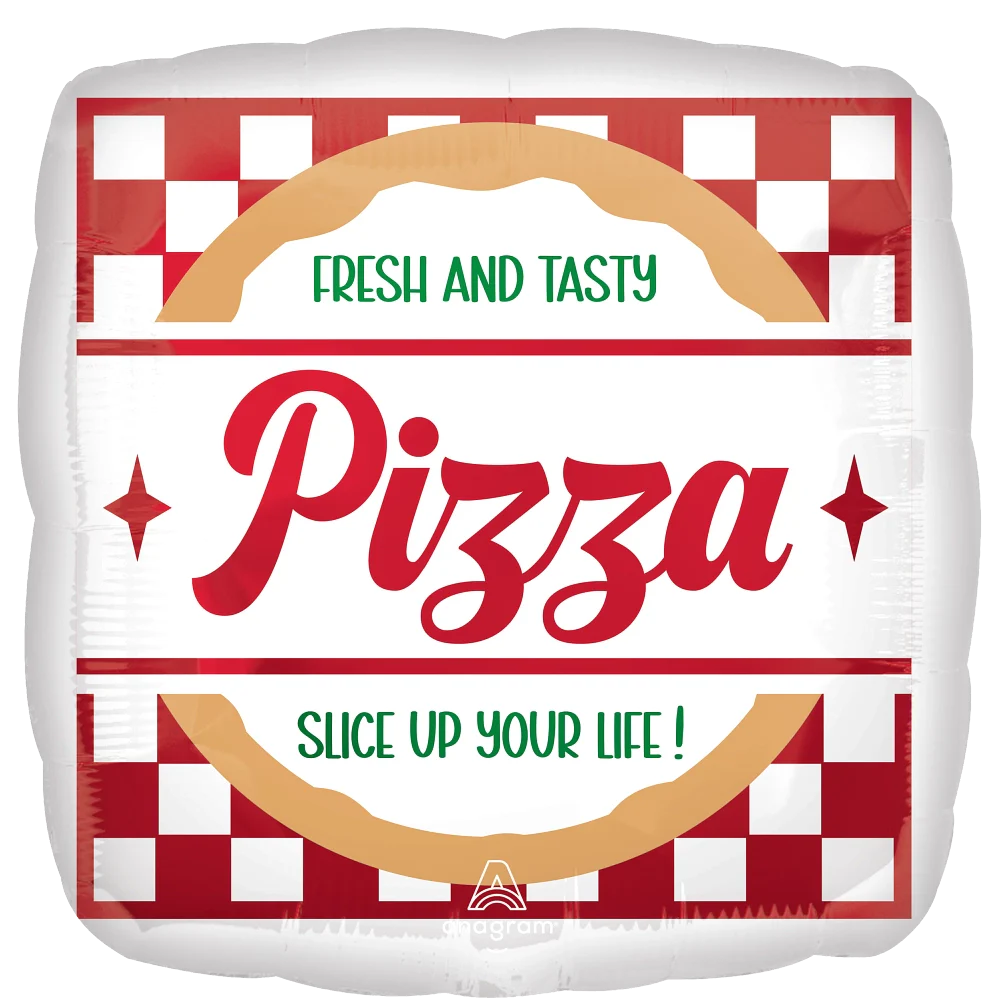 Square foil balloon with red and white checkerboard border and a round pizza graphic in the center, featuring the words.