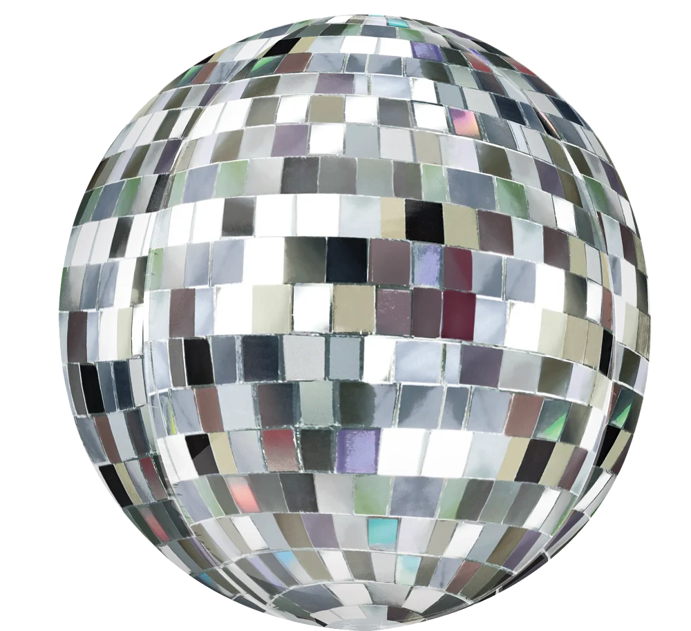 Round foil balloon designed like a shiny silver disco ball with reflective square panels.