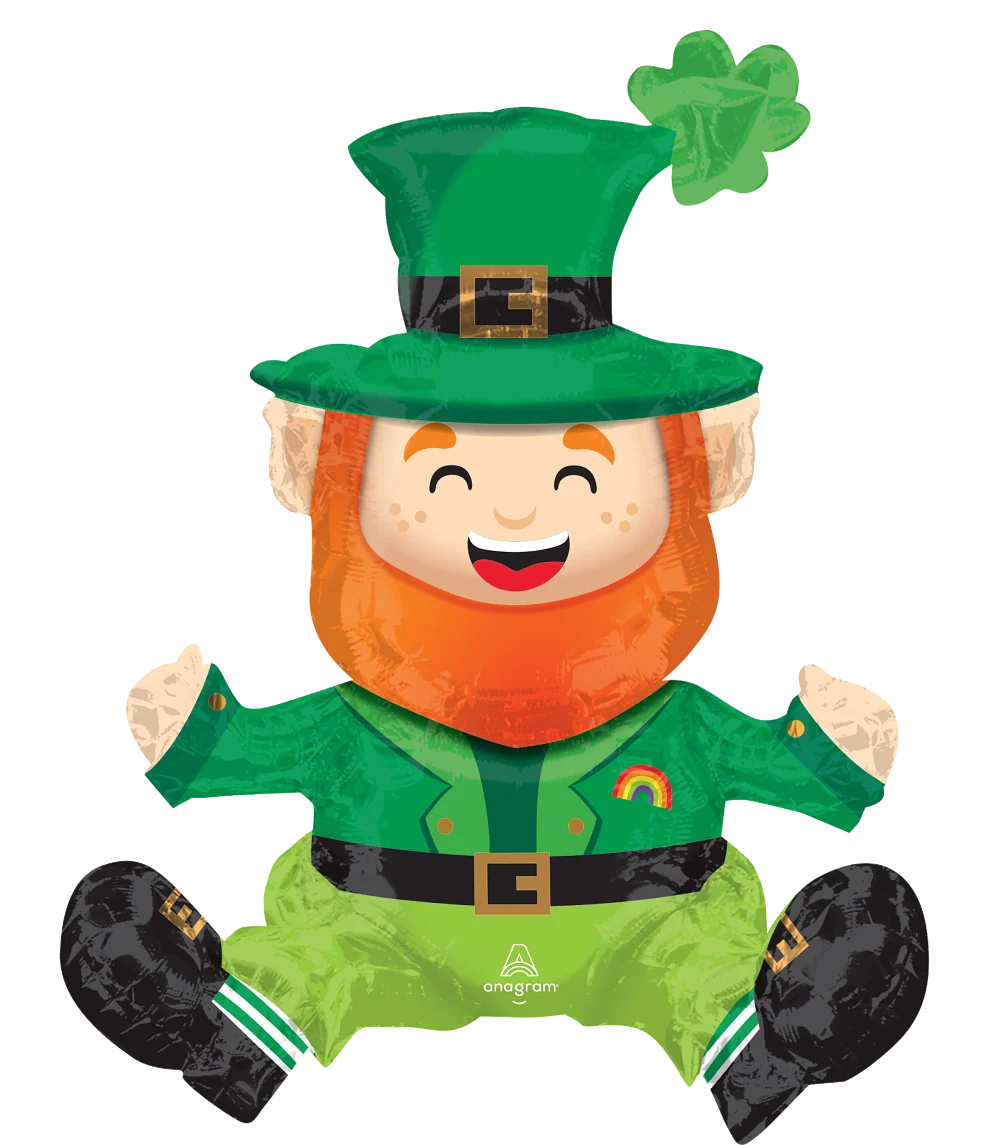 22-inch foil balloon shaped like a smiling leprechaun with a green hat, orange beard, and green outfit with rainbow detail.