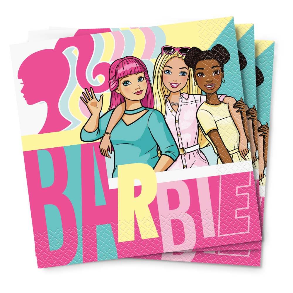 Stack of pink, yellow, and blue Barbie luncheon napkins featuring three diverse Barbie characters and bold Barbie logo.