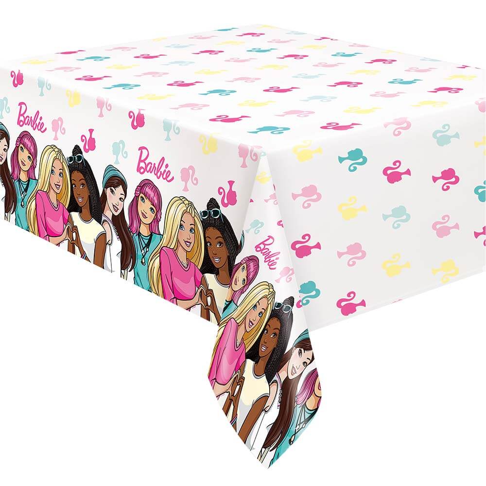 Plastic tablecover with colorful Barbie characters and pastel Barbie logo pattern, 54x84 inches.