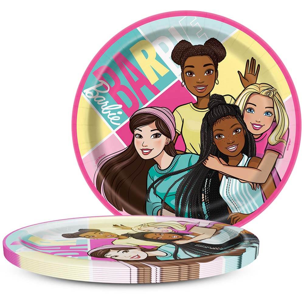 Set of eight small round plastic plates featuring diverse Barbie characters on a pink and pastel yellow background.