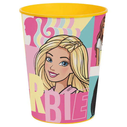 Yellow-rimmed plastic cup featuring a blonde Barbie illustration and pastel pink, blue, and yellow geometric background with