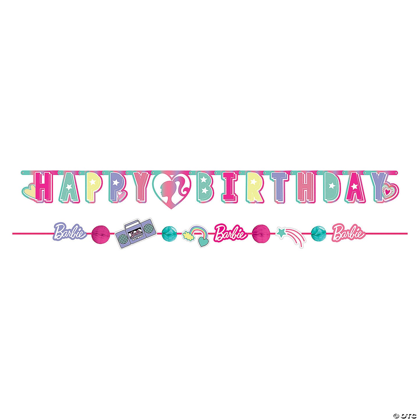 Colorful Barbie-themed birthday banner with pink, teal, and purple letters spelling "Happy Birthday" and decorative Barbie.
