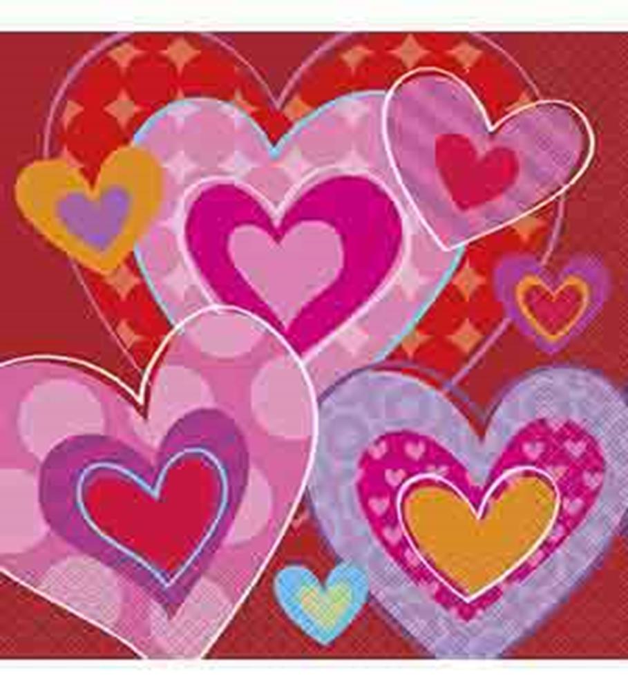 Red square paper napkin with layered pink, purple, and orange hearts in varied patterns and sizes.
