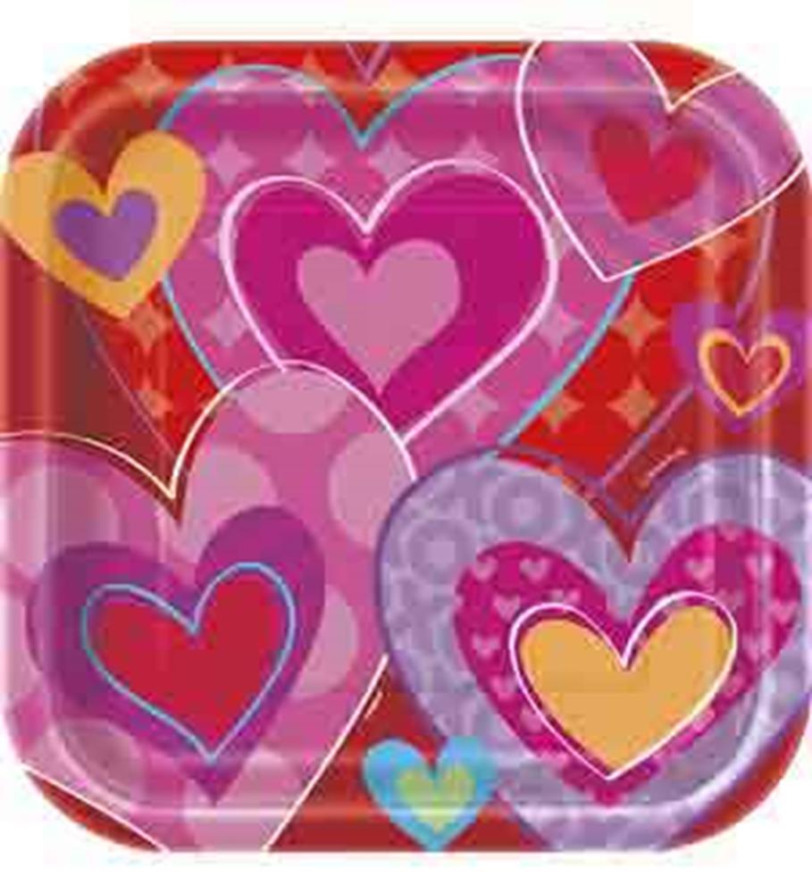 Square red plate with various sized overlapping pink, purple, and red hearts decorated with yellow and blue accents.