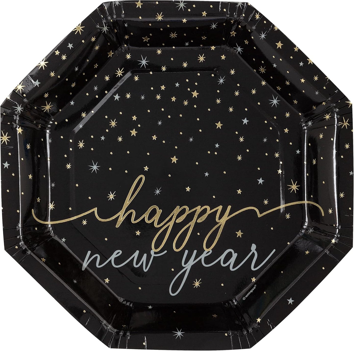 Plato de forma octogonal de 8,25 pulgadas con diseño de Año Nuevo Disco, 8 unidades