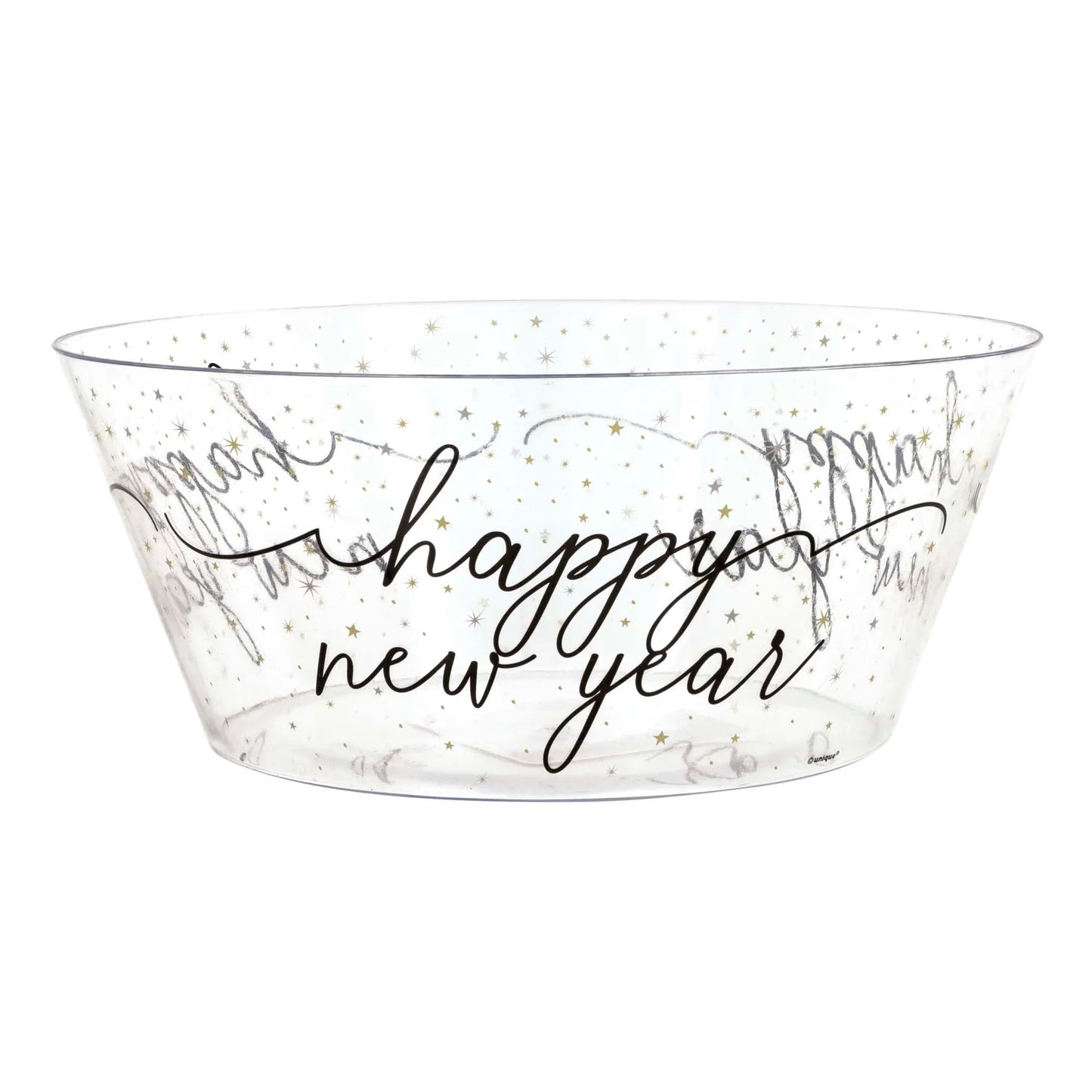 Clear plastic serving bowl with gold confetti and "happy new year" script design.