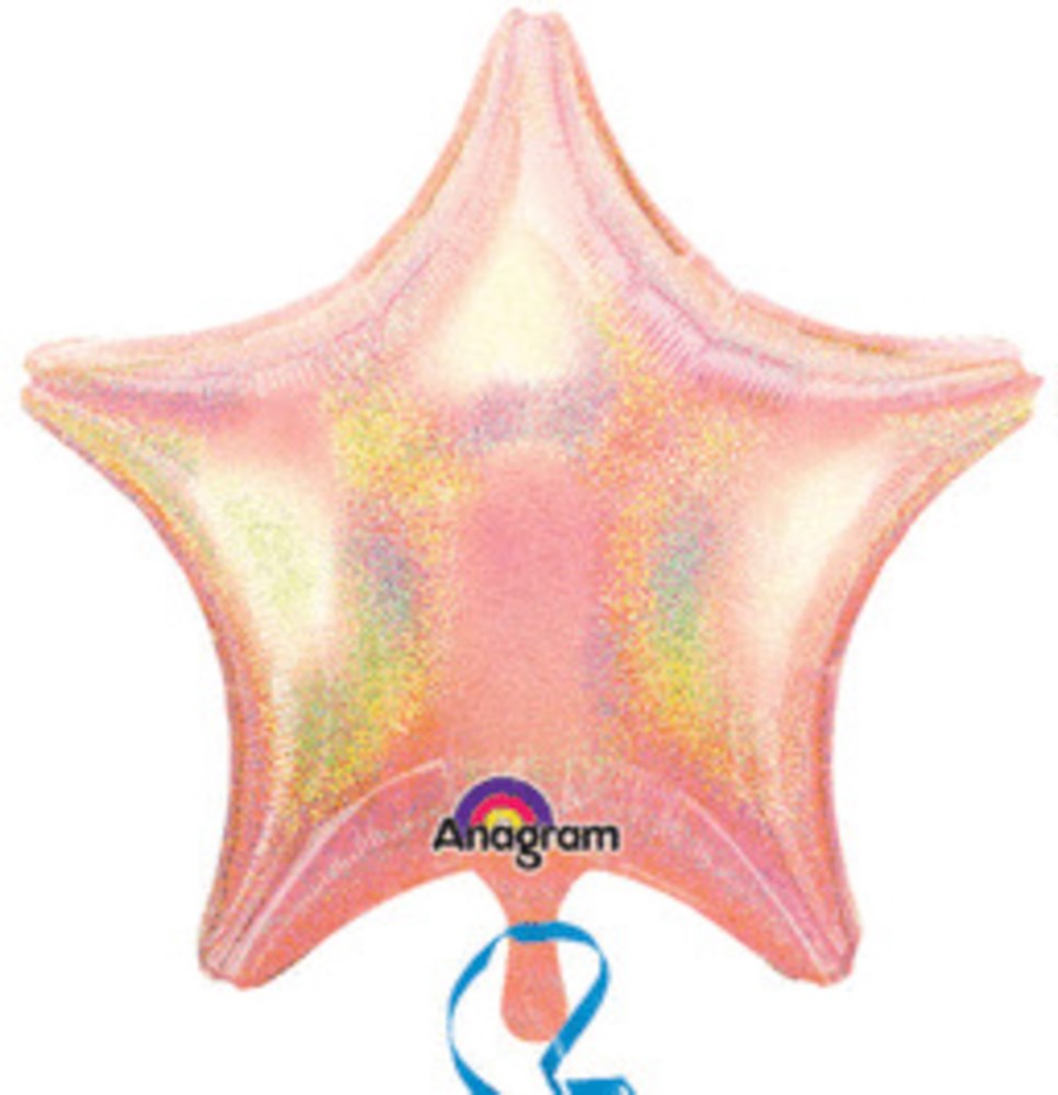 Pastel pink star-shaped foil balloon with shimmering iridescent finish and blue ribbon tail.
