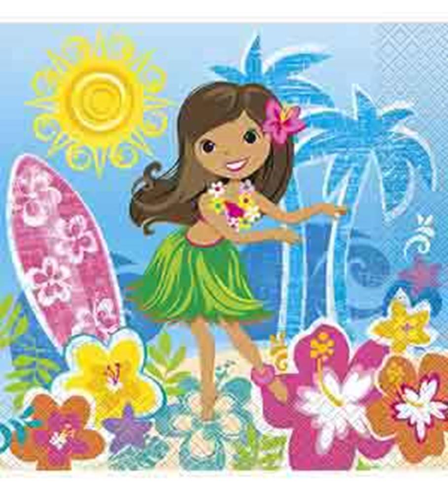 Square paper napkin with a colorful hula girl wearing a green grass skirt and flower lei, surrounded by tropical flowers,.