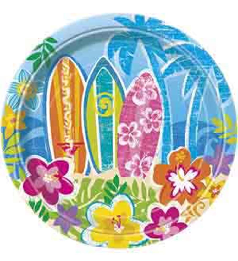 Round paper plate with colorful surfboards, palm trees, and tropical flowers on a blue background.