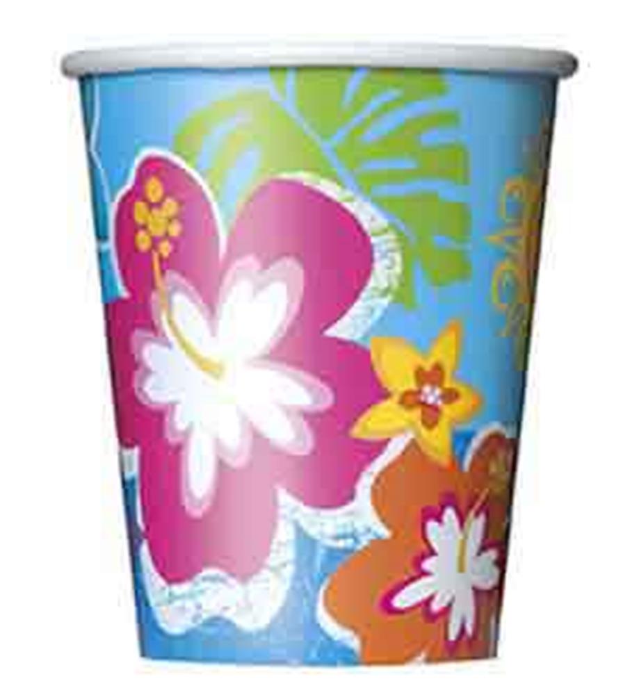 Blue disposable cup with large pink, orange, and white tropical flowers and green leaves design.