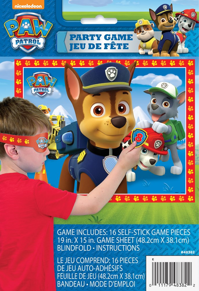 Paw Patrol Party Game with colorful board featuring Chase and friends, includes 16 self-stick game pieces and blindfold,.