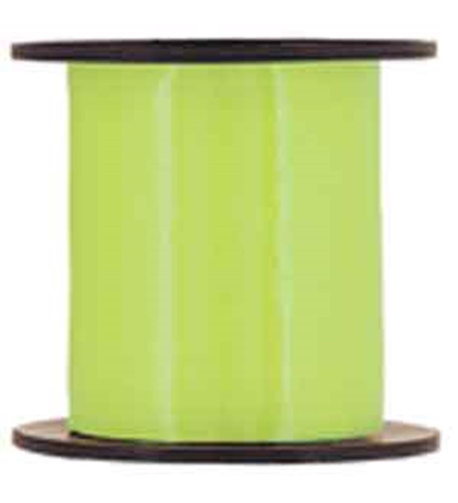 Spool of bright lime green curling ribbon with smooth, shiny texture and black plastic edges.
