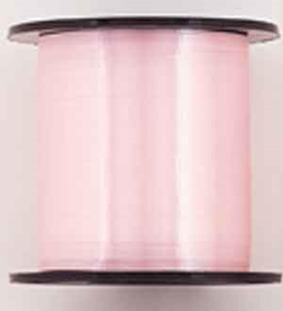 Spool of pastel pink curling ribbon with glossy finish on black plastic reel.