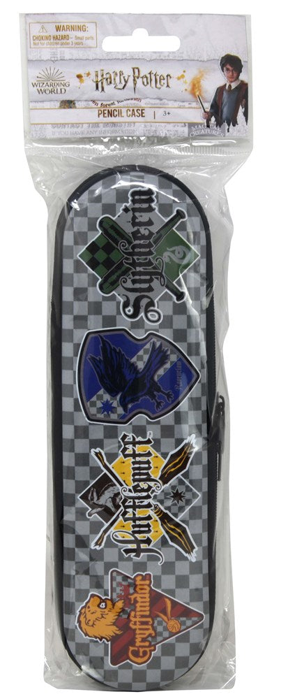 Rectangular zippered pencil case with Harry Potter house crests in blue, yellow, red, and green on a gray checkered.