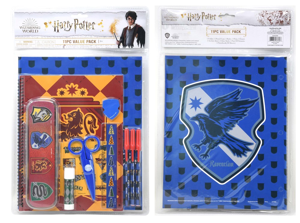Harry Potter 11-piece stationery set with plastic case featuring blue and black colors, Hogwarts house logos, pens, pencils,