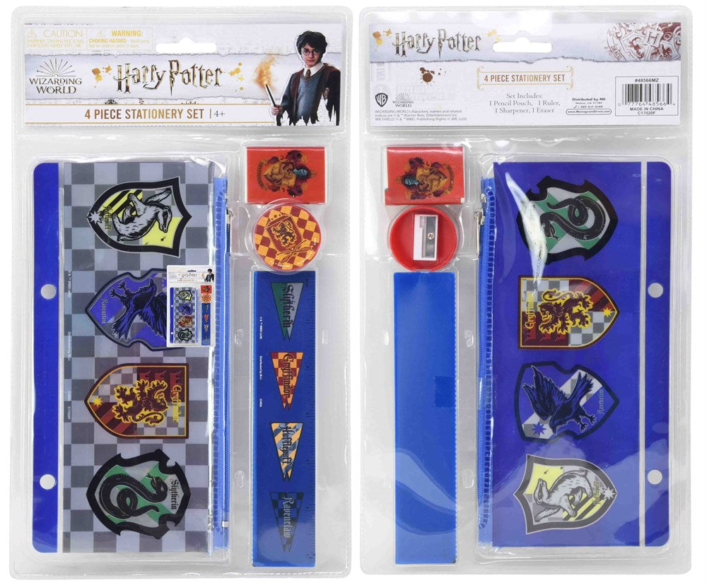 Harry Potter 4-piece stationery set with four house crest erasers, blue ruler, and red pencil sharpener in branded packaging.