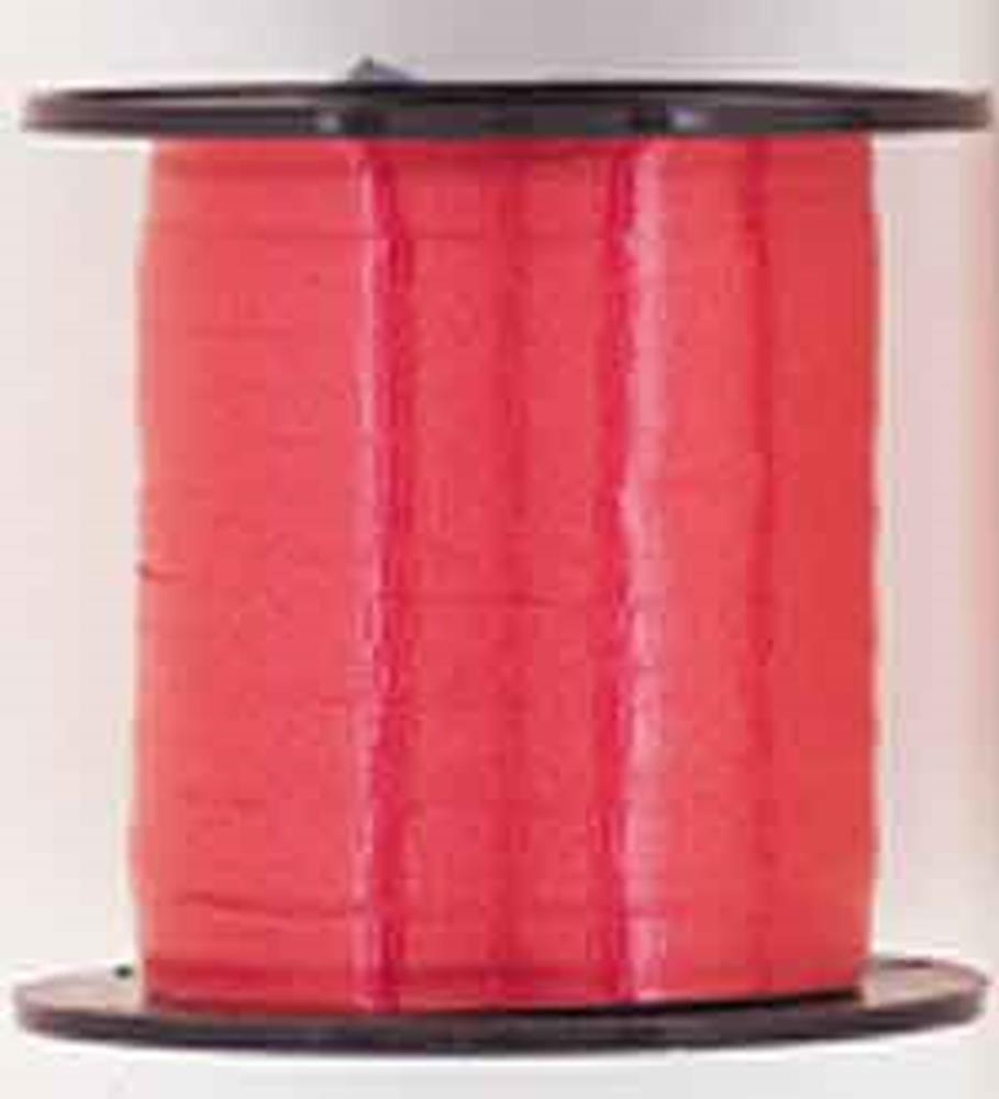 Spool of shiny red curling ribbon wrapped neatly around black plastic core.