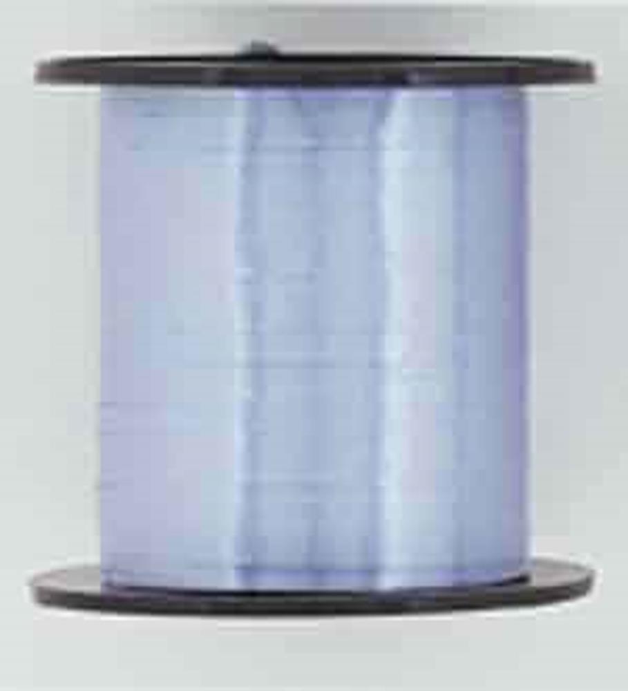 Spool of shiny baby blue curling ribbon wrapped around black plastic core.