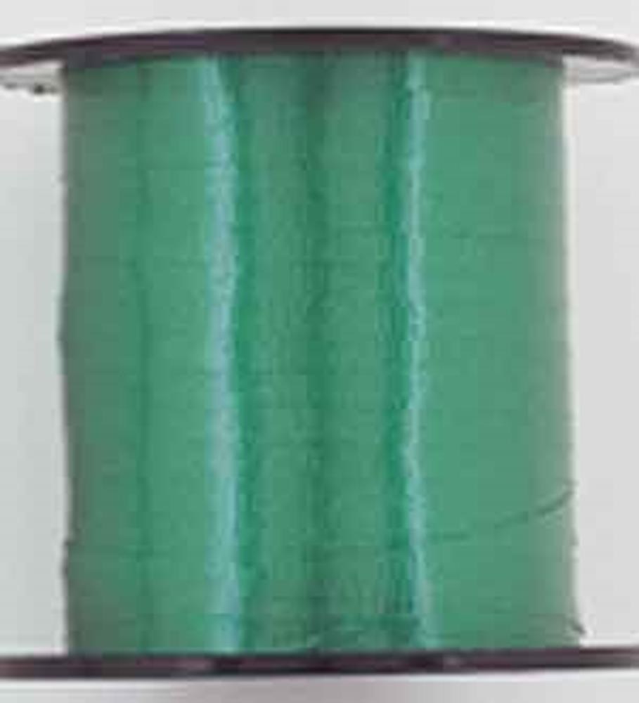 Emerald green curling ribbon on a black and white spool, shiny plastic material.