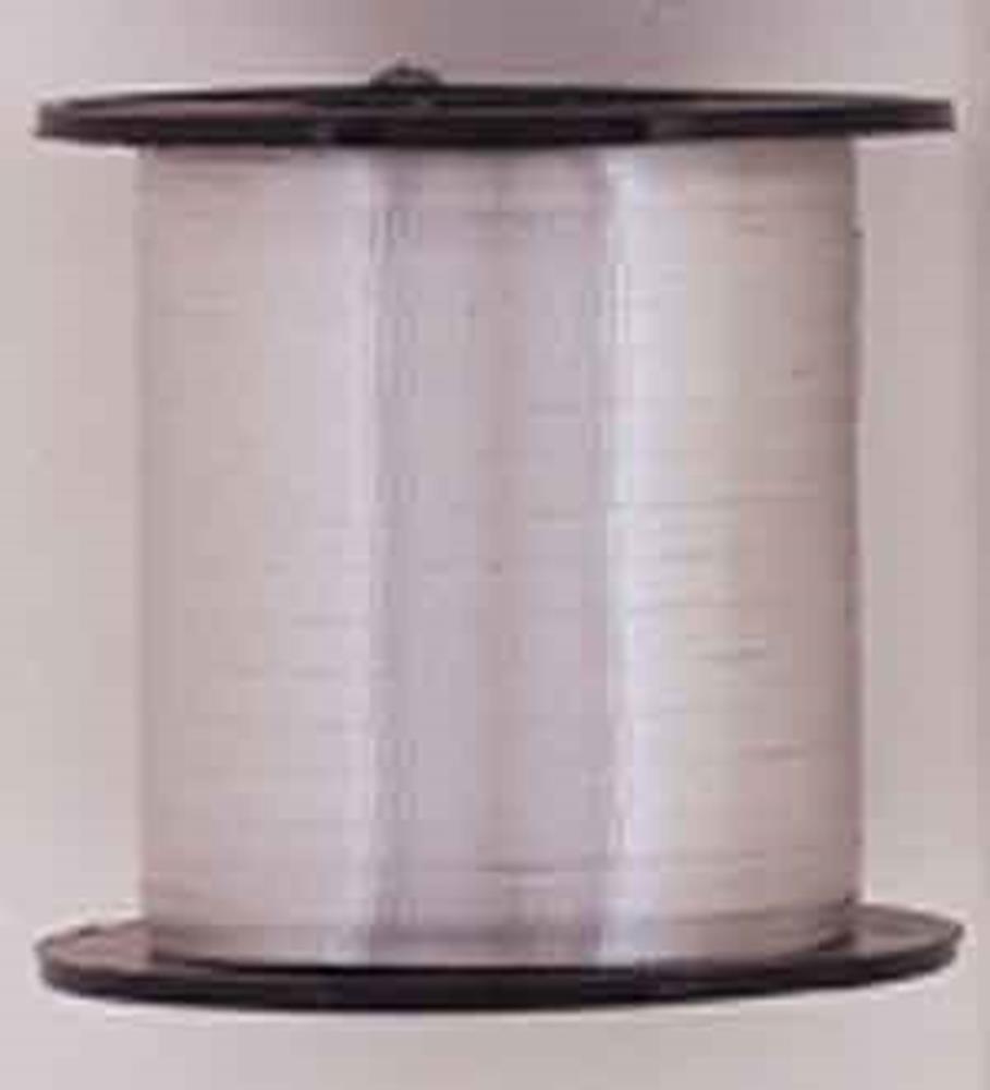 Large spool of shiny silver curling ribbon with smooth, reflective surface wrapped neatly around black plastic core.