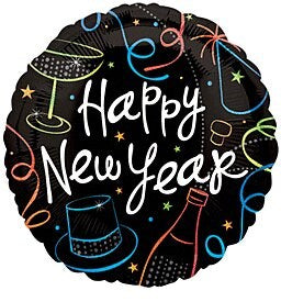 18-inch round black foil balloon with colorful party icons and "Happy New Year" text.